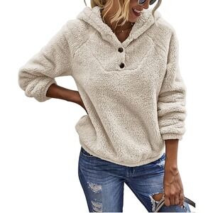 KIRUNDO Women's Apricot Sherpa Pullover Hooded Sweatshirt‎ Small | EUC